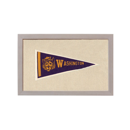 Vintage University of Washington pennant with navy blue wolf mascot in gold frame