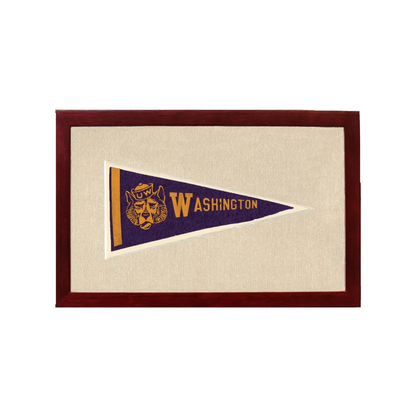 Vintage University of Washington Huskies pennant in dark wood frame