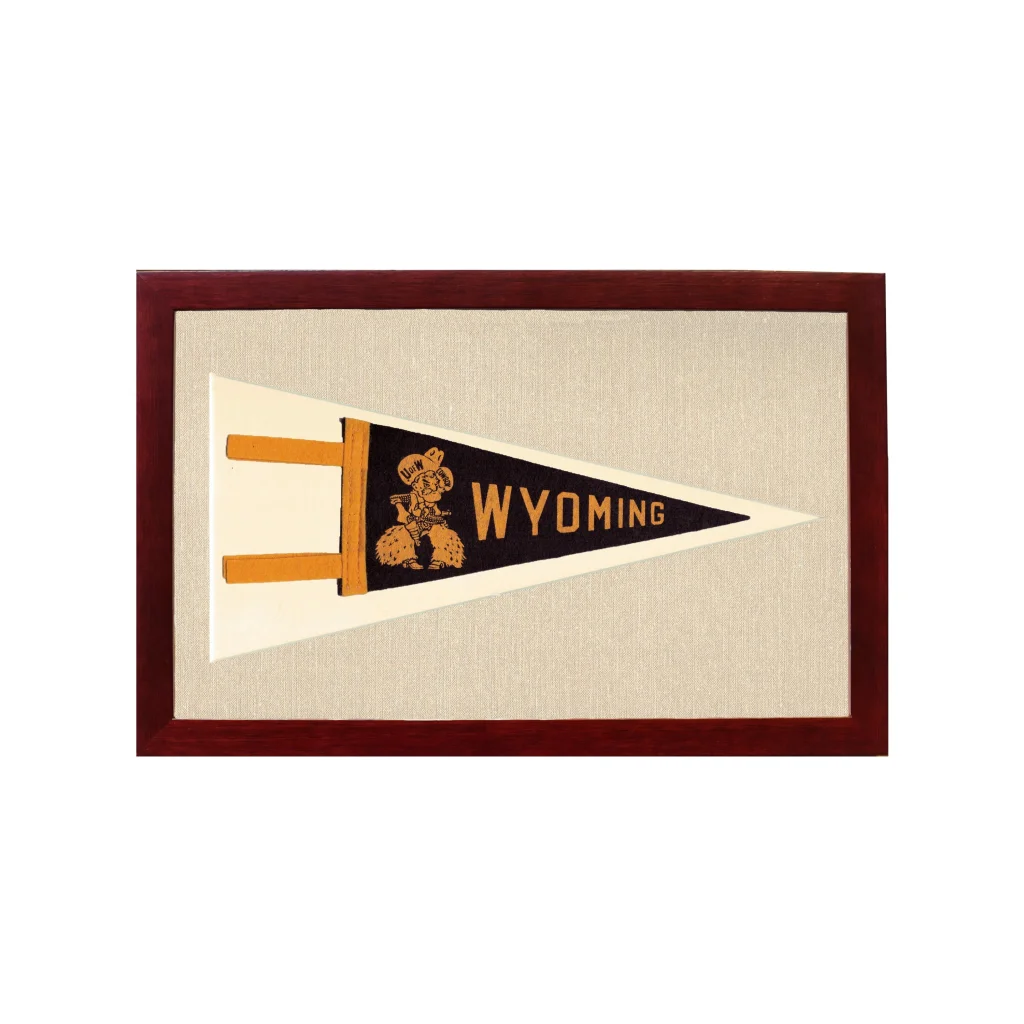 Vintage University of Wyoming pennant in black gold with mascot in wood frame