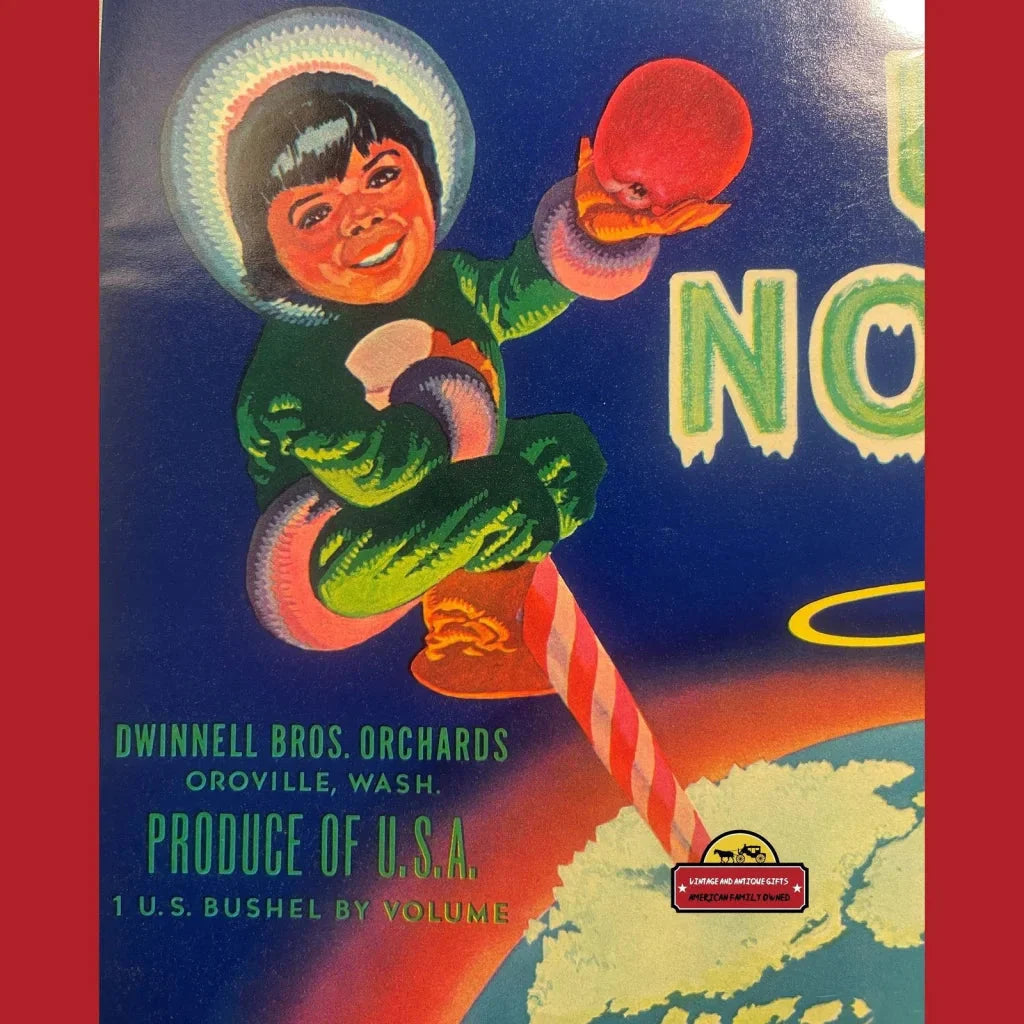 Vintage North Pole crate label with a figure holding an apple for festive charm