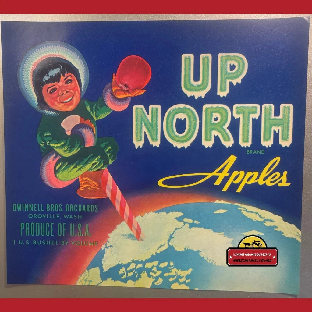 Colorful Vintage Fruit Crate Label for Up North Apples, perfect for cozy North Pole vibes