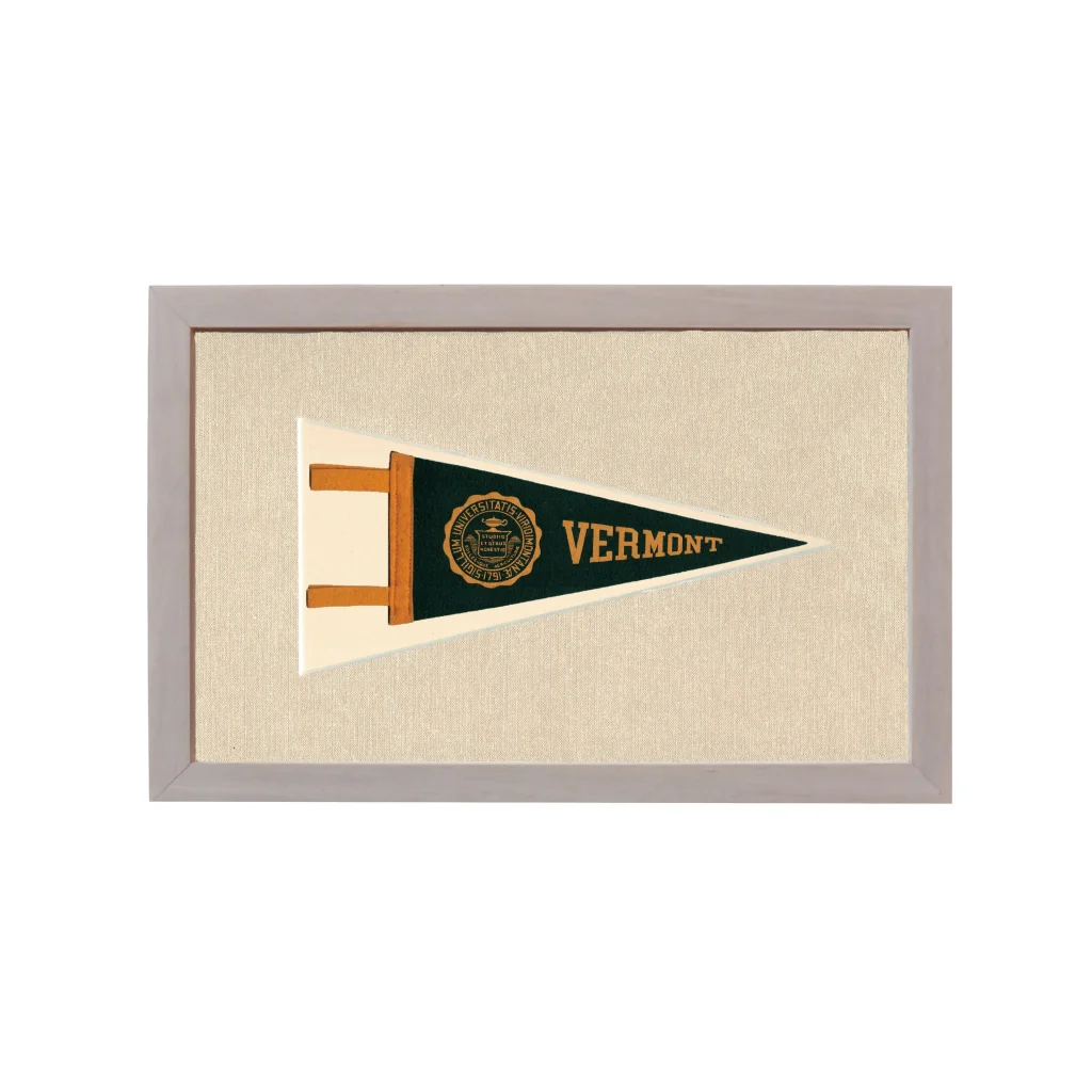 Vintage Vermont University pennant in framed display