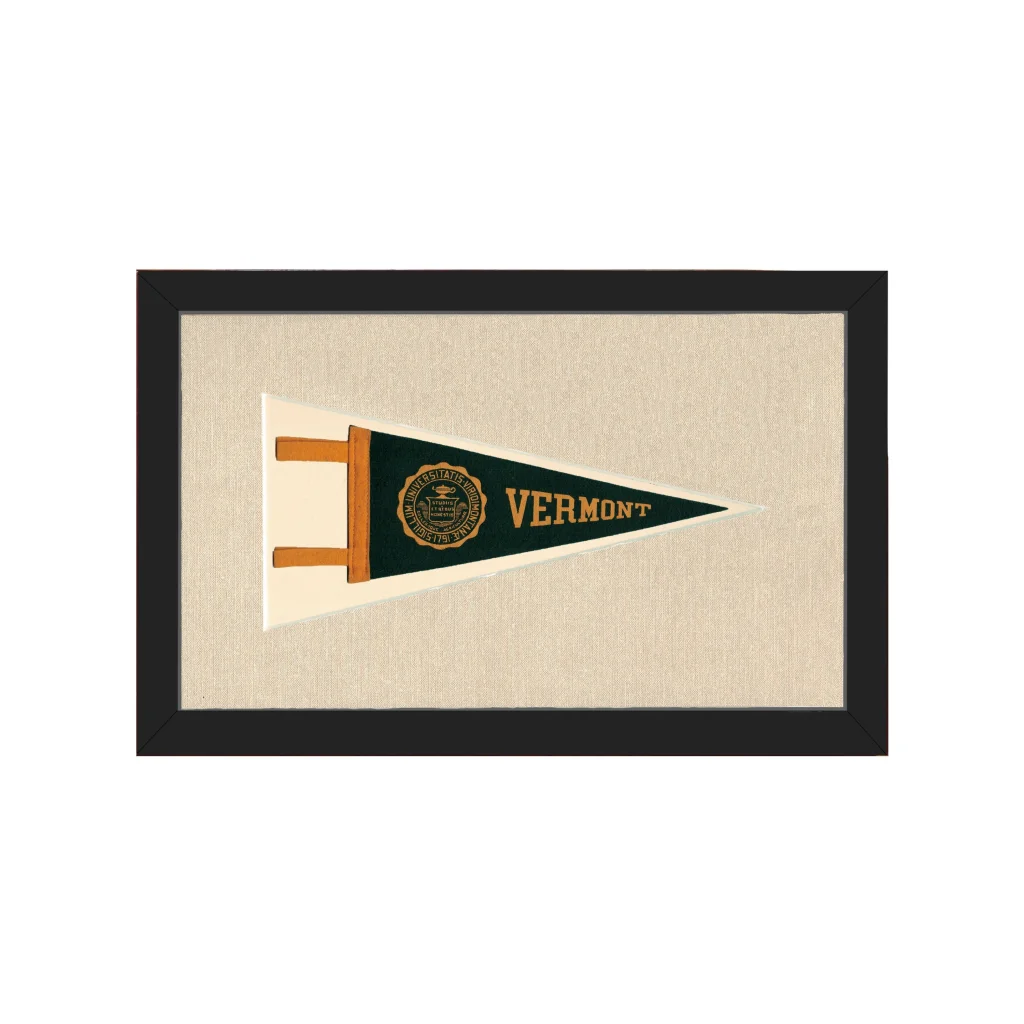 Vintage Vermont University pennant in framed display