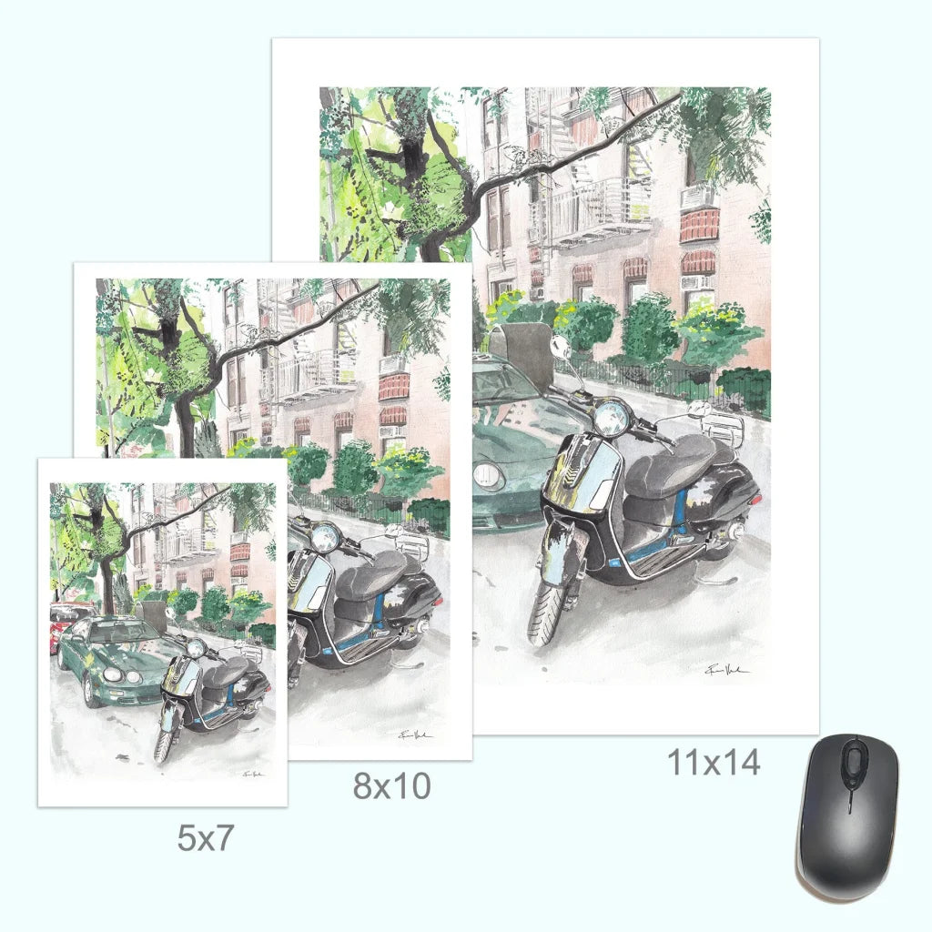 Vintage 1960s Vespa scooter and Toyota Celica street art print poster