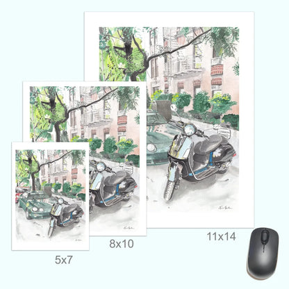 Vintage 1960s Vespa scooter and Toyota Celica street art print poster