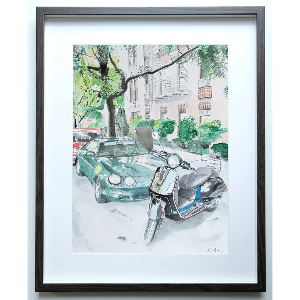 Vespa scooter and Toyota Celica street art print with 2019 Lamborghini Huracan Performante