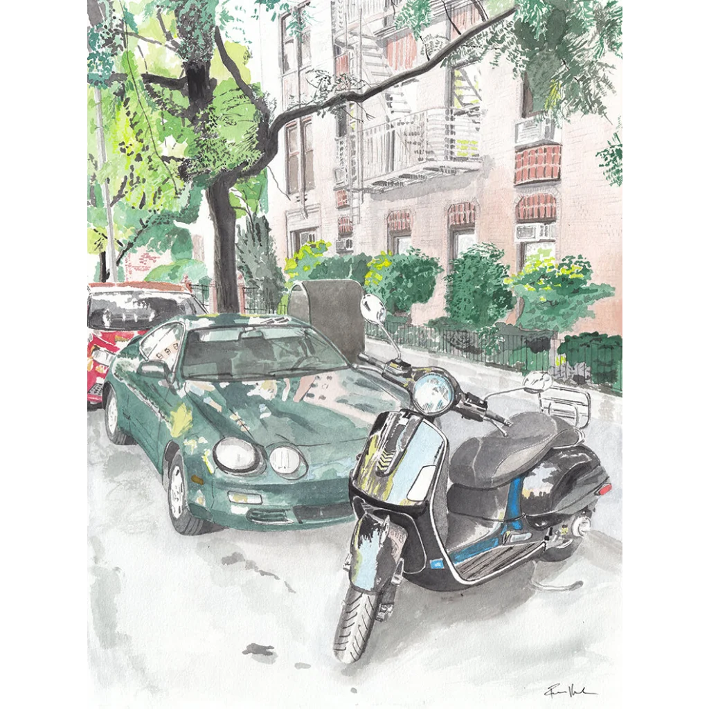 Black and silver retro Vespa scooter in Vintage Vespa and Toyota Celica art print