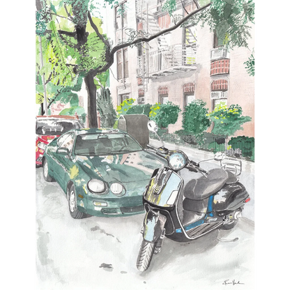 Black and silver retro Vespa scooter in Vintage Vespa and Toyota Celica art print