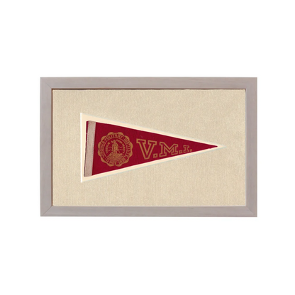 Vintage Virginia Military Institute pennant in maroon with gold emblem, framed