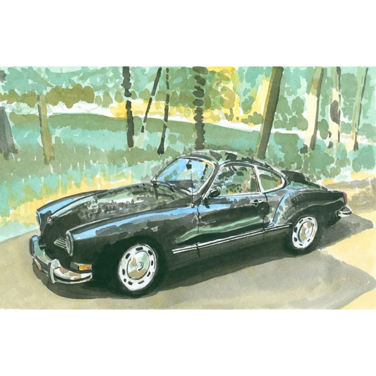 Black 1970 Volkswagen Karmann Ghia with chrome accents art print