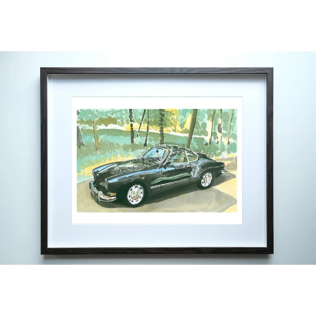 Sleek black Porsche 928s illustration with Volkswagen Karmann Ghia vibe