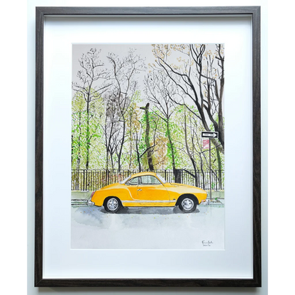 Vintage 1970s yellow Volkswagen Karmann Ghia convertible print
