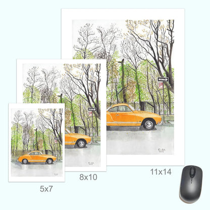 Vintage Volkswagen Karmann Ghia convertible print with yellow taxi, green trees, 8x10