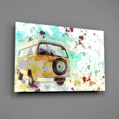 Yellow VW Van watercolor splash wall art canvas print
