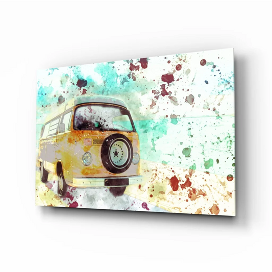 Yellow Vintage VW Van watercolor splash wall art canvas print