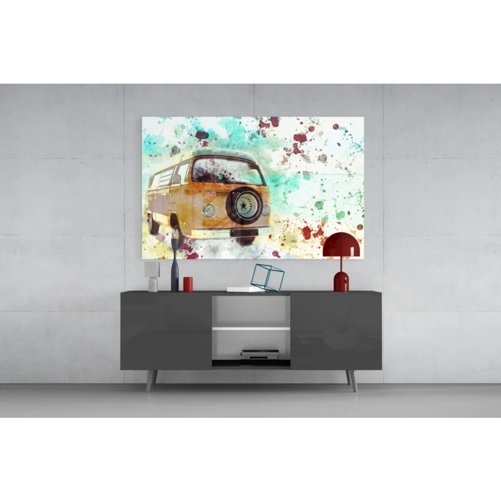 Vibrant watercolor splash VW van wall art canvas print