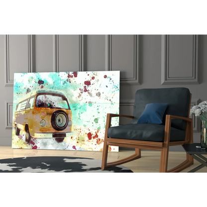 Yellow VW van watercolor splash wall art canvas print
