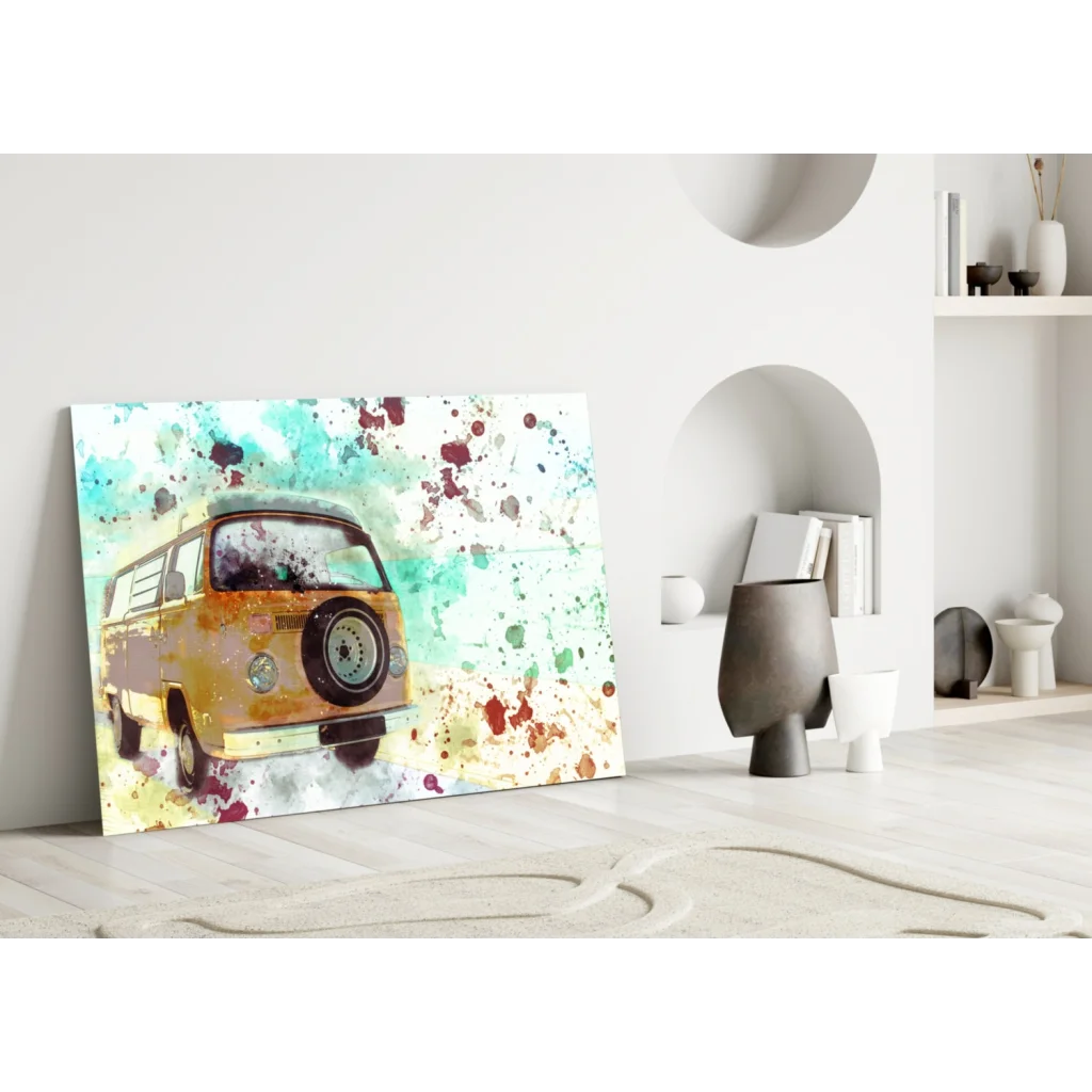 Vintage VW Van watercolor splash wall art canvas print