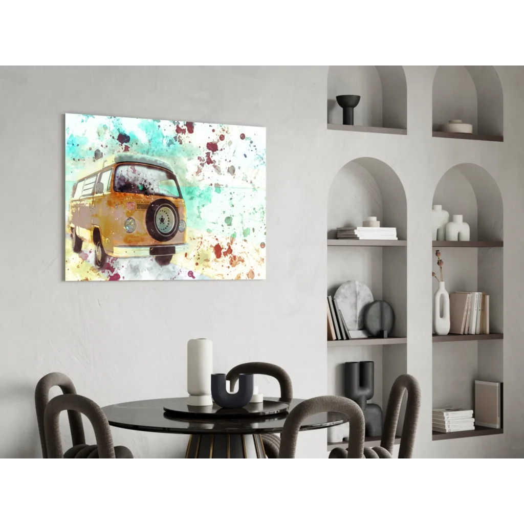 Vibrant watercolor VW van wall art canvas print in yellow teal white