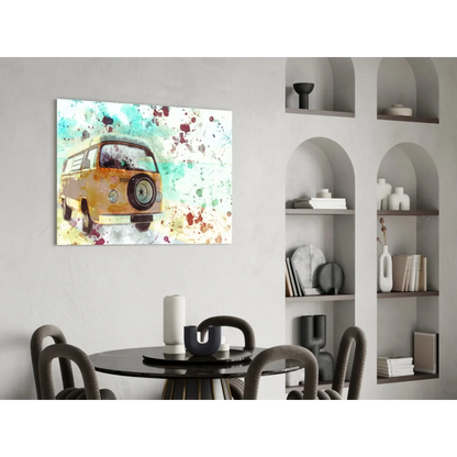 Vibrant watercolor VW van wall art canvas print in yellow teal white