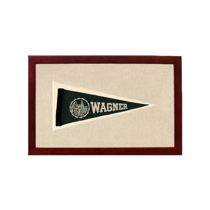 Vintage Wagner College pennant in dark green embroidered frame