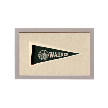 Vintage Wagner College pennant: dark green triangle with cream border, Wagner emblem