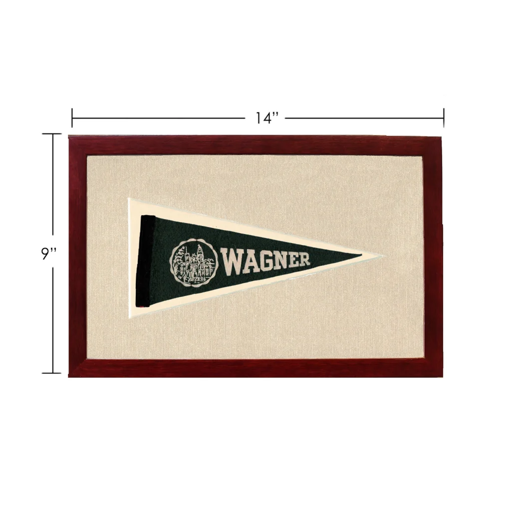 Vintage Wagner College pennant with dark green triangle and emblem