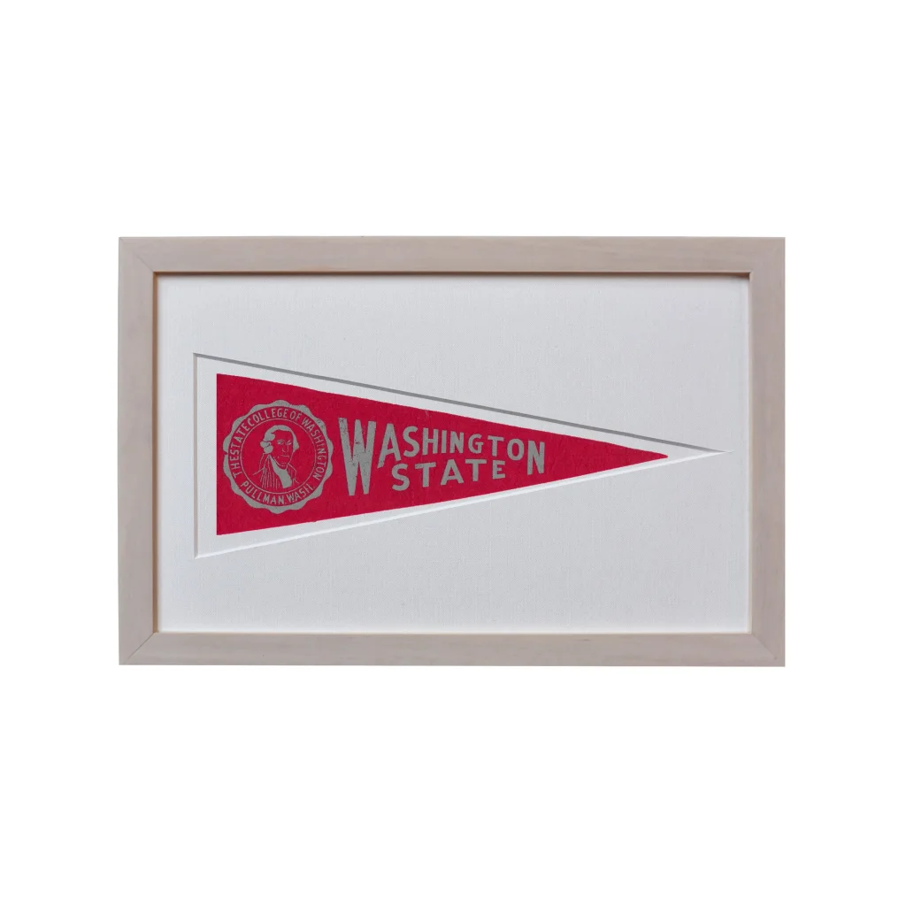 Vintage Washington State pennant flag from 1950s with red white frame