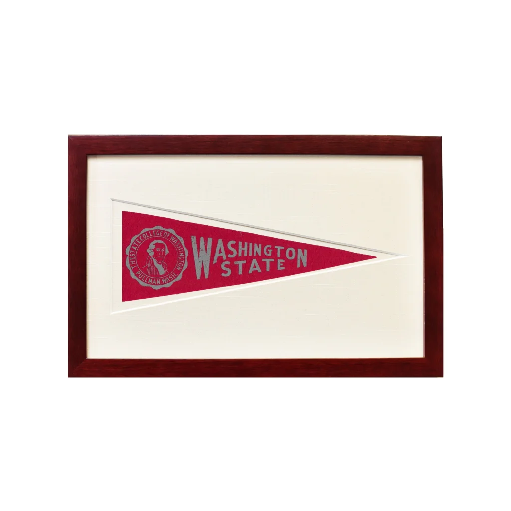 Vintage Washington State pennant flag from 1950s in red white wooden frame