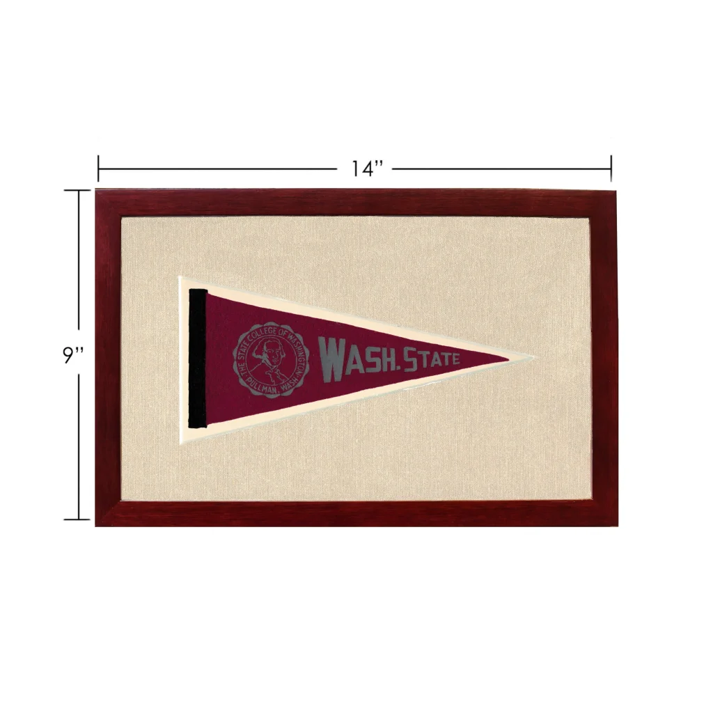 Vintage Washington State University maroon and cream pennant in wooden frame