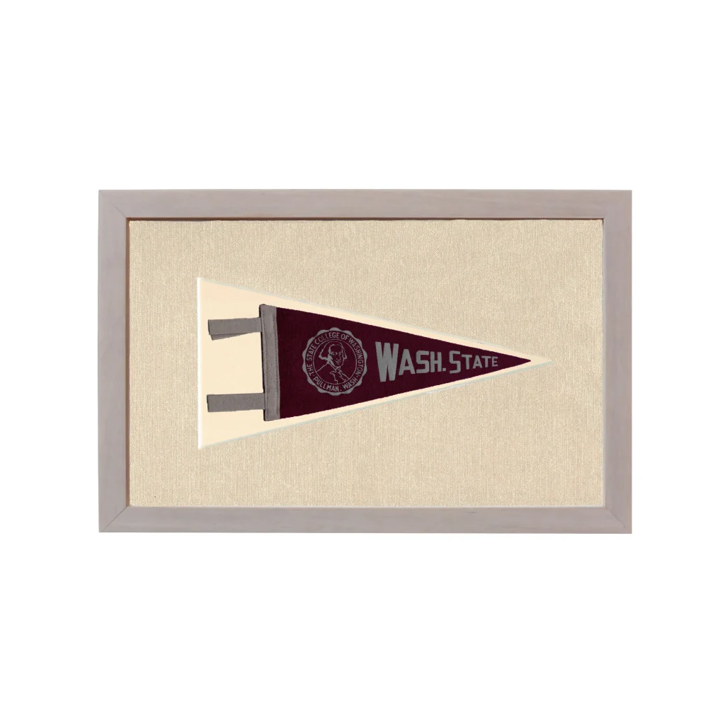 Vintage Washington State University pennant in maroon and cream with stitched emblem in gray frame