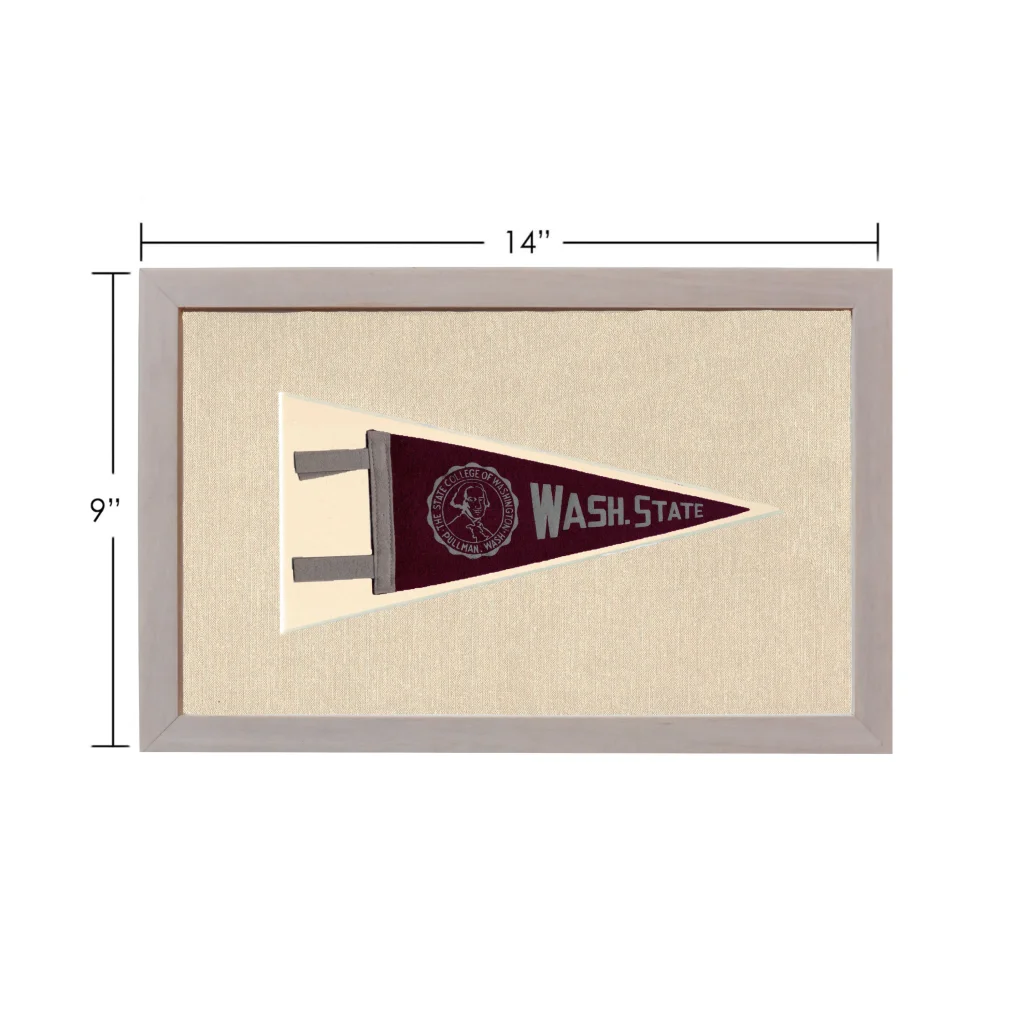 Vintage Washington State University pennant in maroon and cream, framed in gray