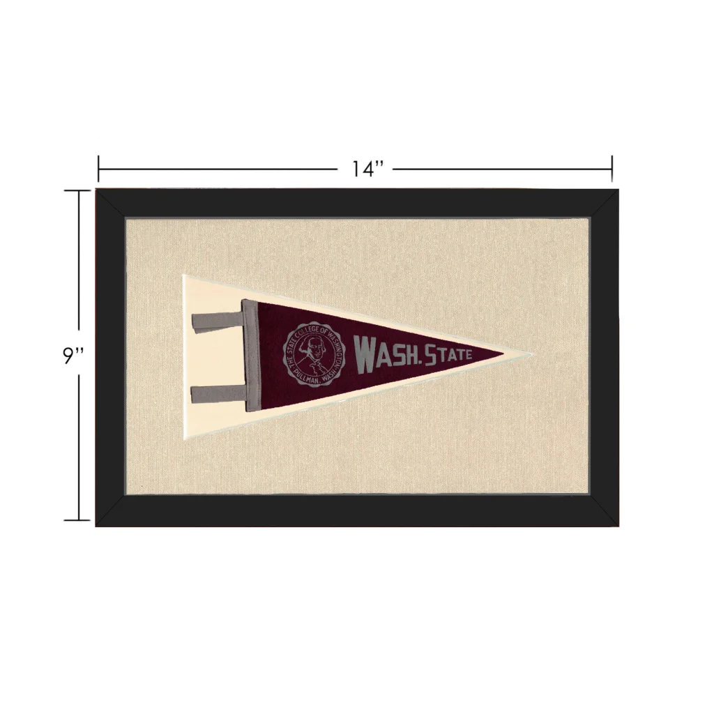 Vintage Washington State University pennant in maroon and gray, framed