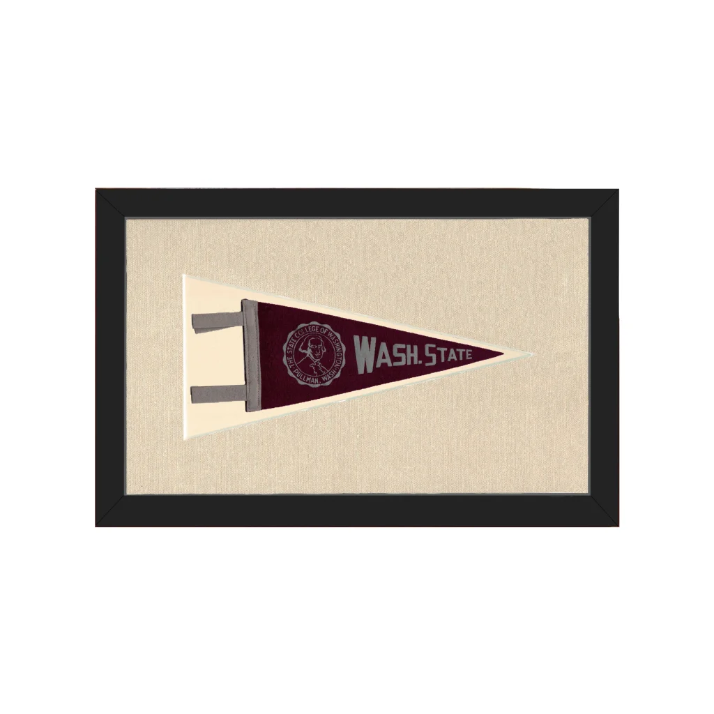 Vintage Washington State University pennant in maroon and gray, framed