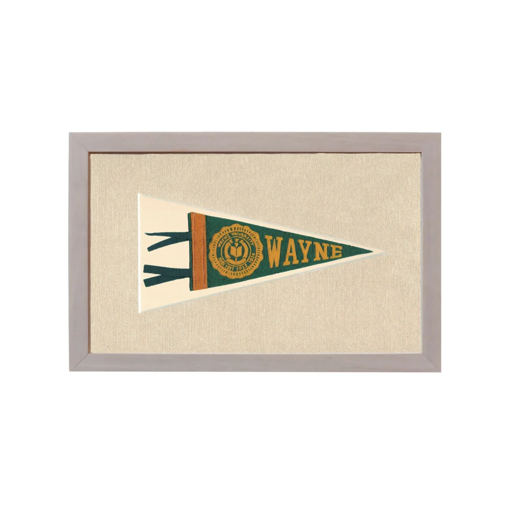 Vintage Wayne University pennant framed in green and gold