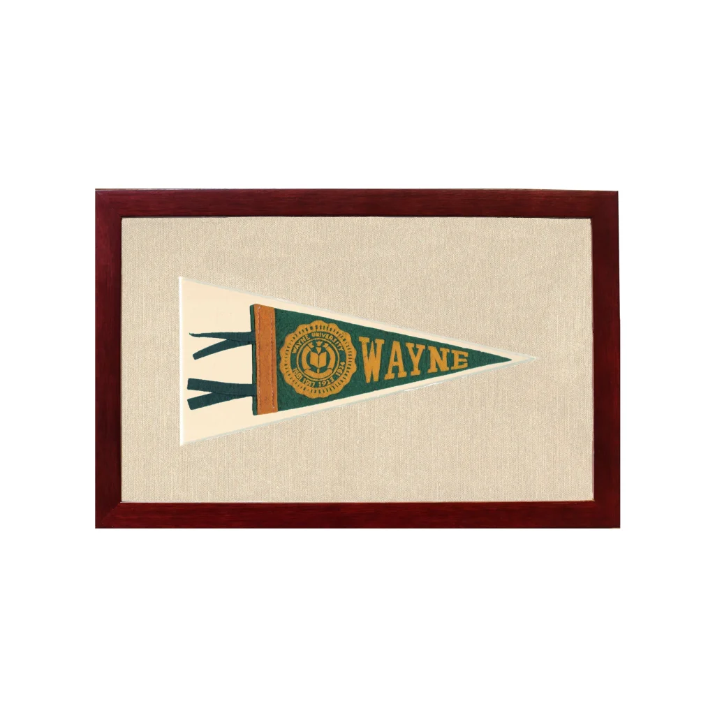 Vintage Wayne University green and gold pennant with crest