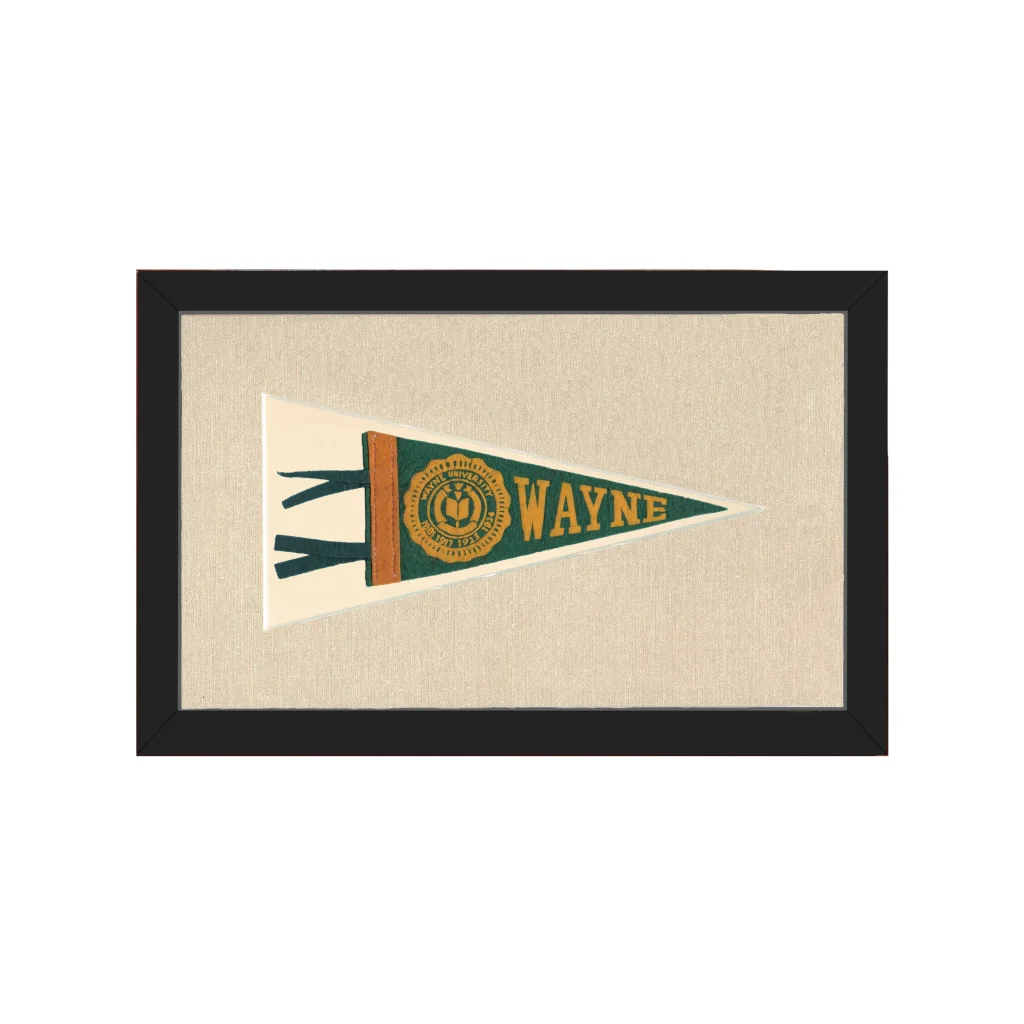 Vintage Wayne University pennant in framed green and gold emblem