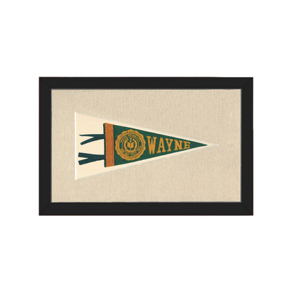 Vintage Wayne University pennant in framed green and gold emblem
