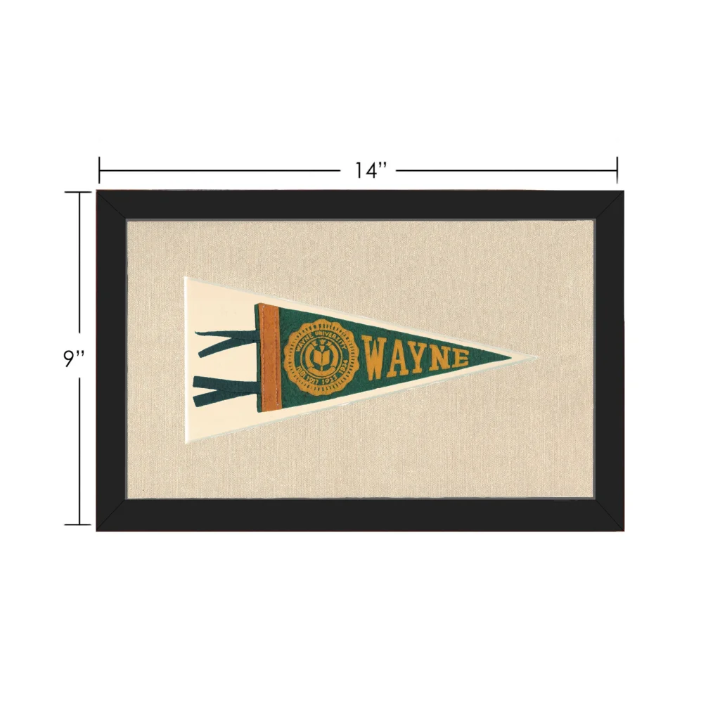 Framed vintage Wayne University pennant in green, gold, cream on beige