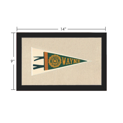 Framed vintage Wayne University pennant in green, gold, cream on beige