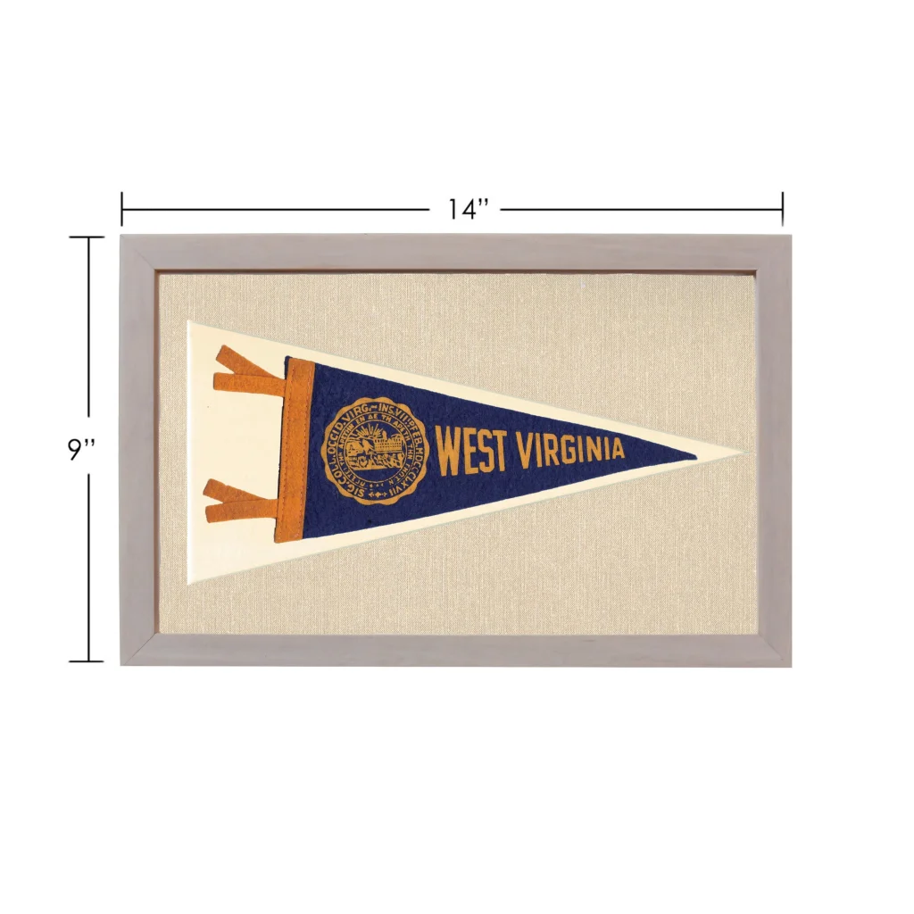 Vintage West Virginia University pennant in navy blue and gold frame
