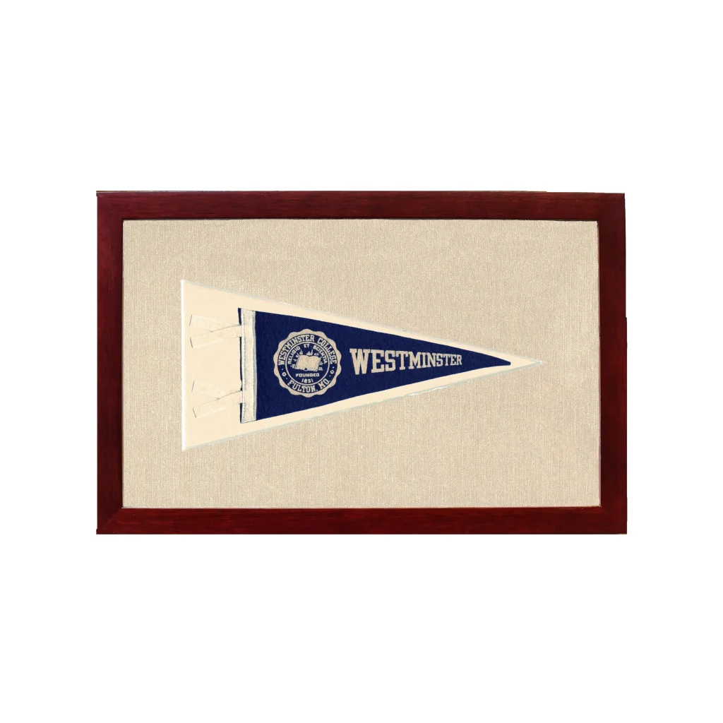 Vintage Westminster College Pennant | 1950s Wool Felt Pennant Framed Display | vintageantiquesgifts.com