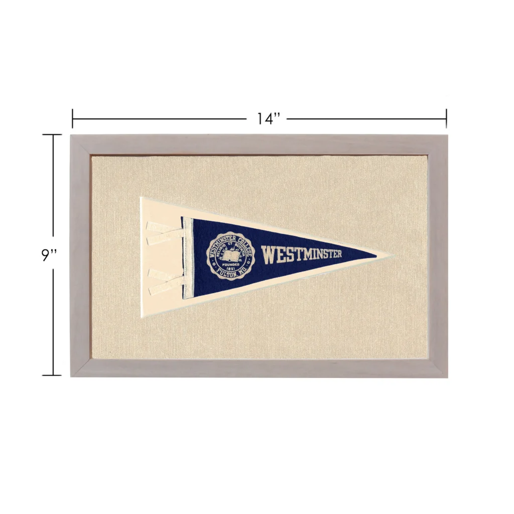 Vintage Westminster College pennant in navy blue and cream with gray border