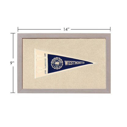 Vintage Westminster College pennant in navy blue and cream with gray border