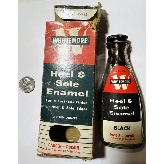 Vintage Whittemore sole enamel bottle with shoe heel and sole enamel in original box