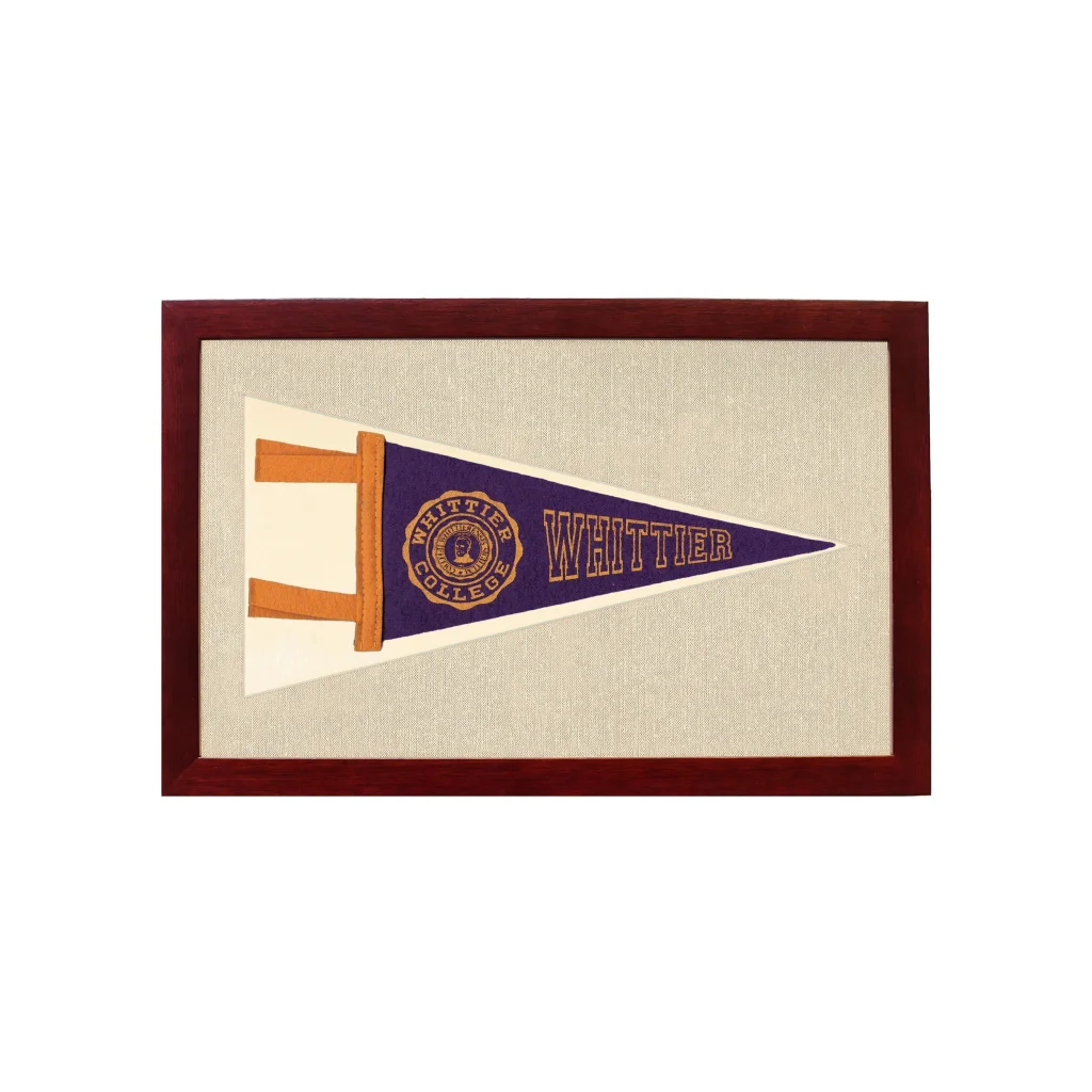 Vintage Whittier College pennant framed navy blue cream gold embroidery