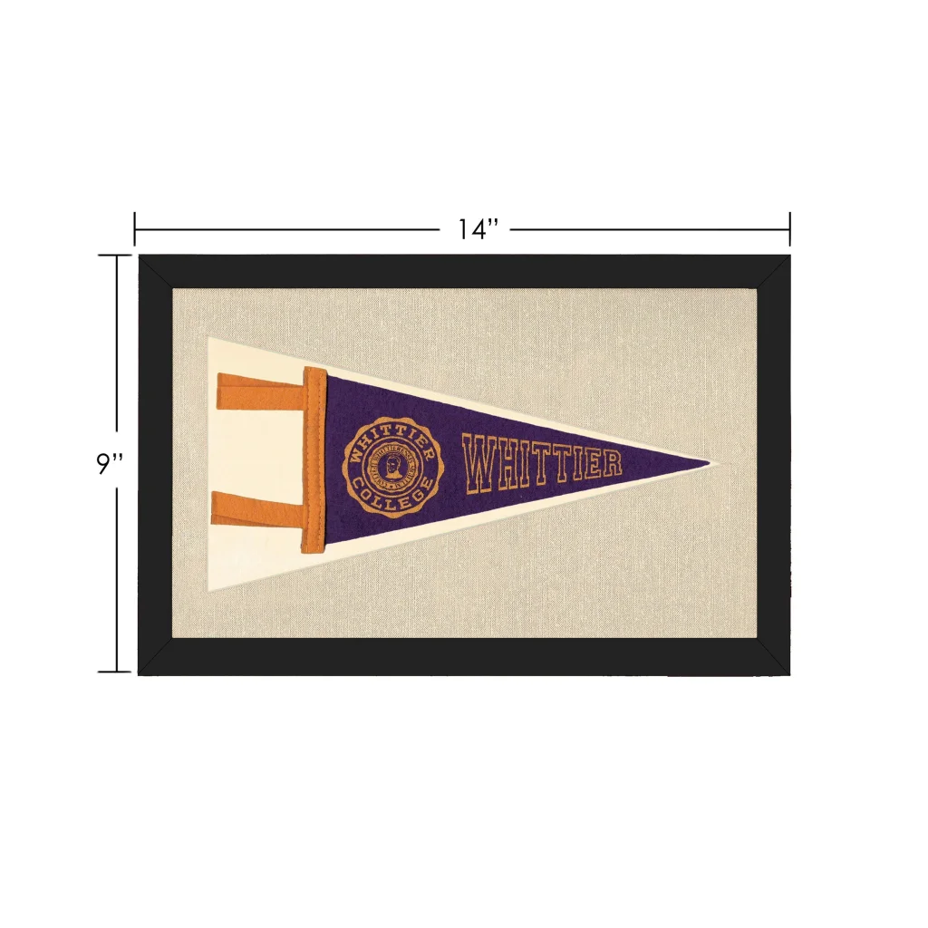 Vintage Whittier College pennant framed in purple cream gold design