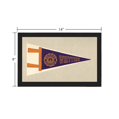 Vintage Whittier College pennant framed in purple cream gold design