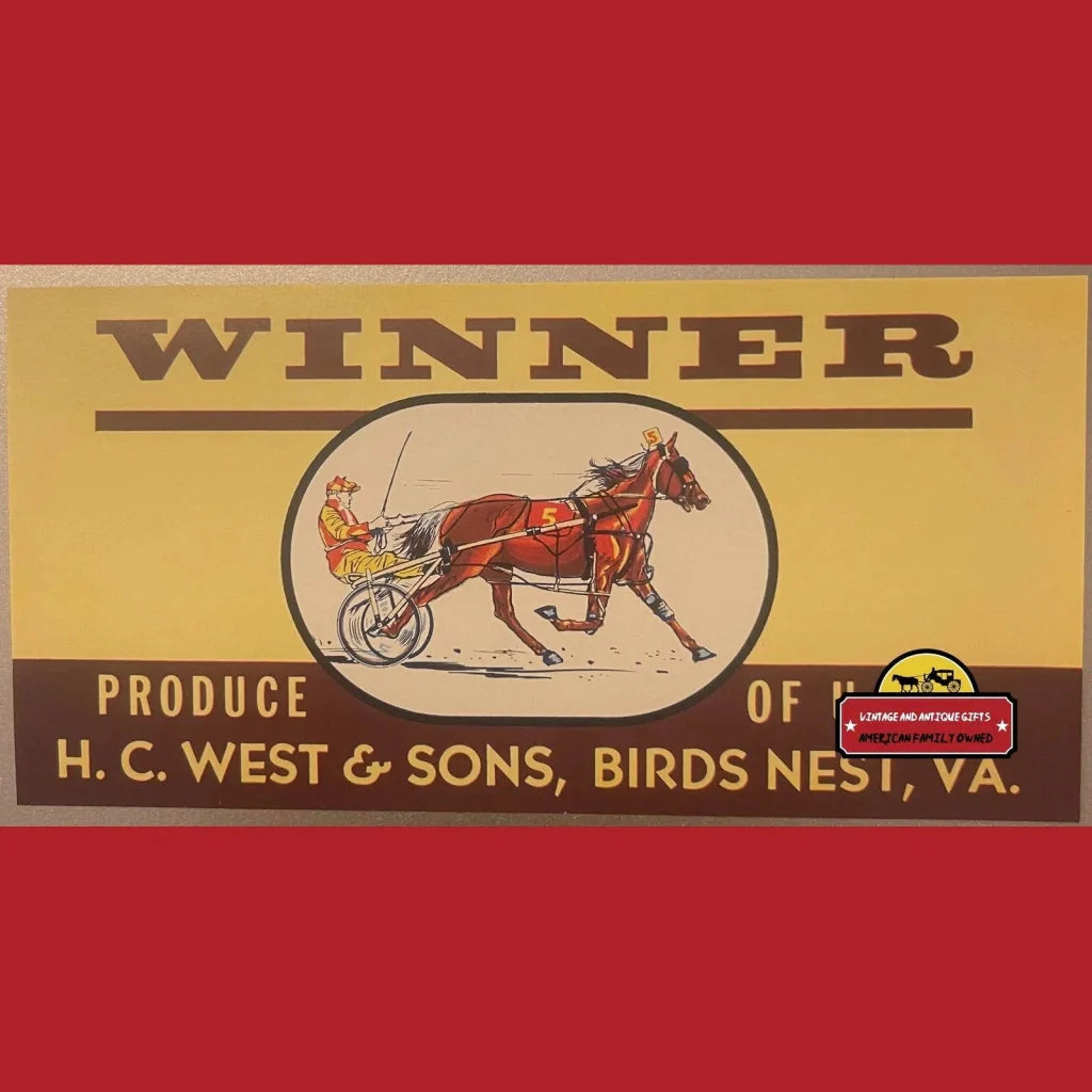 Vintage Winner Crate Label showcasing a harness racing horse and jockey collectible art