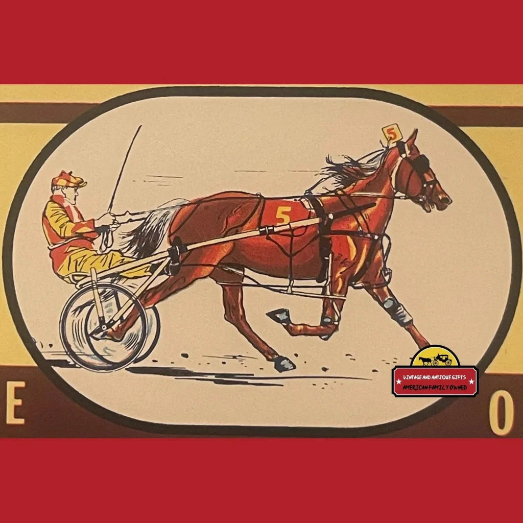 Harness racing horse and jockey in action on a Rare 1950s Winner Crate label art